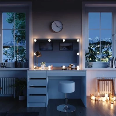 Afbeelding van Vicco Make uptafel Sherry, wit, 120 cm met ledverlichting en kruk