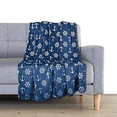 Afbeelding van Delindo Lifestyle Knuffeldeken Nautic Blue microvezel fleece deken in 150 x 200 cm, wollig zachte maritieme woondeken voor volwassenen en kinderen