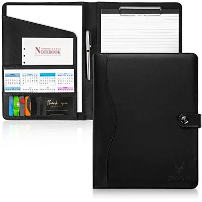 Afbeelding van AMKSONS Schrijfmap A4 in zwart, inclusief klembord en DIN notitieblok, premium conferentiemap van PU leer met documentenvakken, penhouder, klapdeksel magneetsluiting