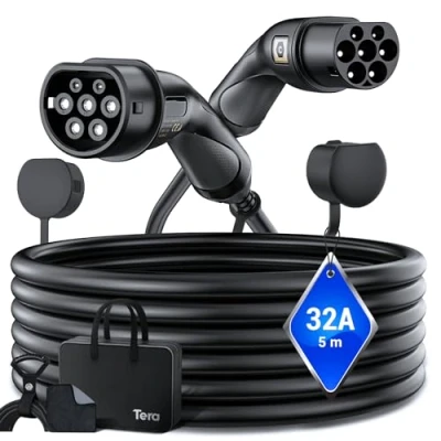 Afbeelding van Tera EV oplaadkabel type 2: 22 kW, 32 A, 5 meter, 3 fasen, 2 naar 2, mennekes, IP55, snellaadkabel, elektrische auto, EV/PHEV, Duitse handleiding DC 32A 5, zwart