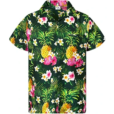 Afbeelding van King KAMEHA Funky casual Hawaïaans shirt voor kinderen, jongens en meisjes, voorzak, korte mouwen, uniseks, ananasbloemenprint, Ananas Bloemen Petrolgreen, 8 jaar