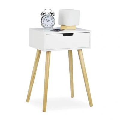 Afbeelding van Relaxdays Natuurlijk, modern en Scandinavisch design, 1, boxspringbed, HBT 60 x 40 30 cm, hout, nachtkastje met lade wit