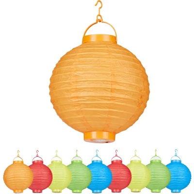 Afbeelding van Relaxdays 20 x kleurrijke led lampions, werkt op batterijen, lampionset voor buiten en binnen, om te hangen, papieren lantaarns Ø cm, gekleurd