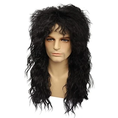 Afbeelding van MEIRIYFA Heren jaren 80 pruik lange krullende zwarte rocker punk mullet pruiken voor Halloween kostuum cosplay party