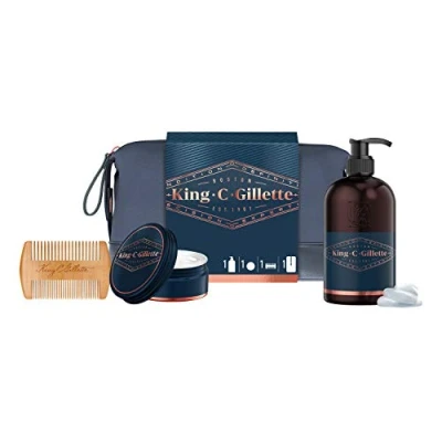 Afbeelding van King C. Gillette Beard Essentials Bag Cadeauset: 350ml Baard En Gezichtswasgel + 100ml Baardbalsem Voor Een Gladde Premium Baardkam Toilettas