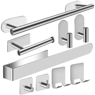 Afbeelding van Ruhetfam 9 stuks handdoekhouderset, zilver (roestvrij staal), badkamer &amp; keuken handdoekstang, rek, rail, haken, boren niet nodig