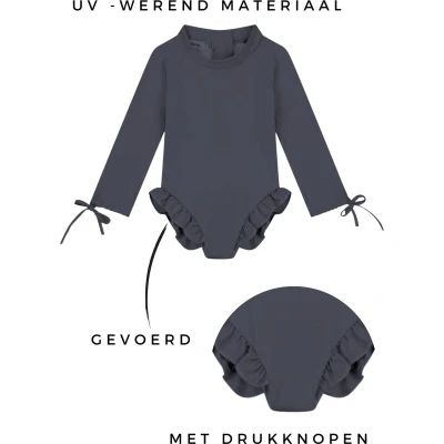 Afbeelding van Supercute badpak antraciet grijs met lange mouwen, drukknoopjes en ritssluiting maat 86/92