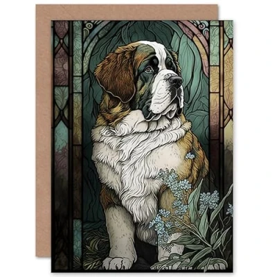 Afbeelding van Artery8 St Bernard Dog with Silvery Lupine Flowers Modern Art Nouveau Illustration Birthday Sealed Greeting Card Plus Envelope Blank inside