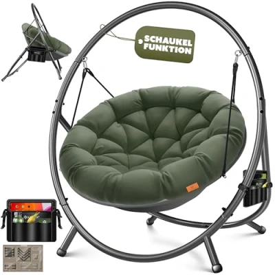 Afbeelding van KESSER® hangstoel met frame Bali hangschommel, tot 150 kg, voor binnen en buiten, inclusief kussen zijtas, hangmand, stalen schuimrubberen zitkussen, ideaal woonkamer