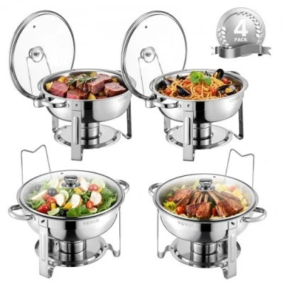Afbeelding van VEVOR Chafing Dish Set Voedselwarmer Roestvrij Staal 4.7L 4 stuks Zilveren Glazen Deksel
