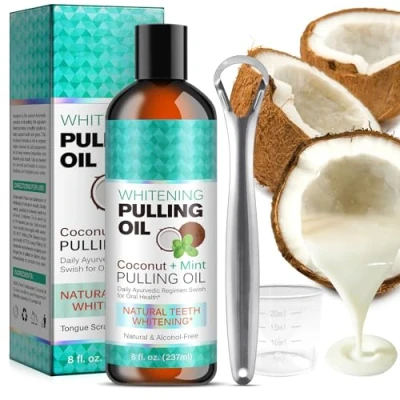Afbeelding van Natuurlijke kokosolie 8 fl.oz muntolie mondwater met tongschraper alcoholvrije voor een frisse adem, het bleken van tanden en gezonder tandvlees