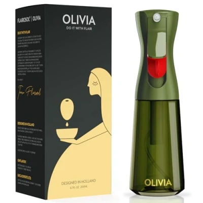 Afbeelding van FLAIROSOL OLIVIA Oliesproeier om te koken, 200 ml glazen olijfoliesproeier, continue olie spuitfles met portieregeling, oliedispenser voor keuken, heteluchtfriteuse, salade, barbecue (groene fles,