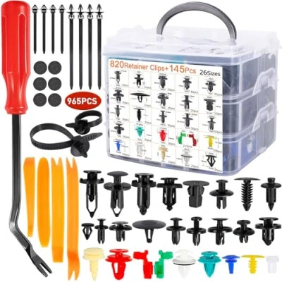 Afbeelding van Bevestigingsclips en pluggen, set met 965 stuks, universeel, demontagegereedschap, kabelbinders schuimkussens, kunststof clips pluggen voor bumpers, sierlijsten, autobekleding