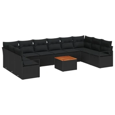 Afbeelding van vidaXL 11 delige Tuin Sofaset met Kussens Zwart Poly Rattan Acacia, 2 zits Sofa