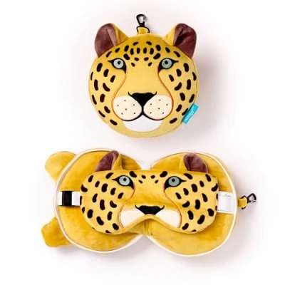 Afbeelding van Relaxeazzz Luipaard knuffel/reiskussen/slaapmasker 2 in 1 set voor kinderen vliegtuig of auto