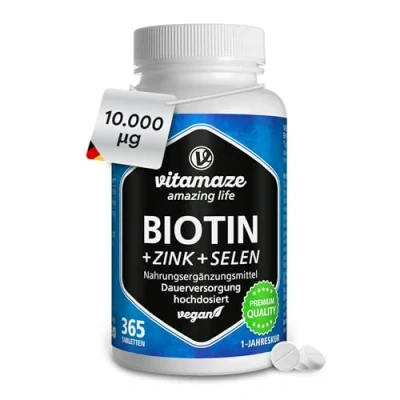 Afbeelding van Biotine 10.000 mcg Hoge Dosering + Selenium Zink voor Haargroei, Huid &amp; Nagels, 365 Veganistische Tabletten 1 Jaar, Made in Germany, Natuurlijke Voedingssupplement zonder Additieven