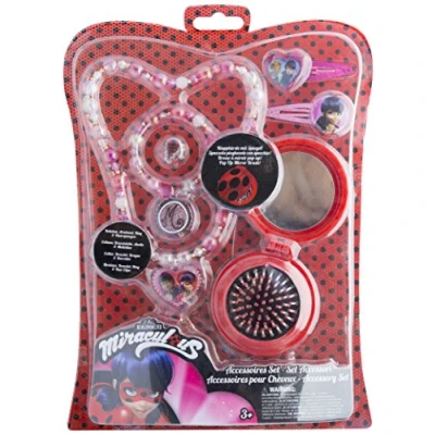 Afbeelding van Joy Toy 65988 Miraculous Sieradenset met 2 glitter haarspelden, parelketting, parelarmband, ring en pop up borstel spiegel op blisterkaart 20 x 28,5 cm, kleurrijk