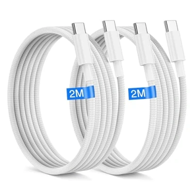Afbeelding van 2Pack 2M USB C naar kabel 60W kabels Nylon Wit Type compatibel met de iPhone 16 15/Plus/Pro Max, Samsung Galaxy S24, S23, S 22, Pixel 7 Pro, MacBook Pro 2021, iPad