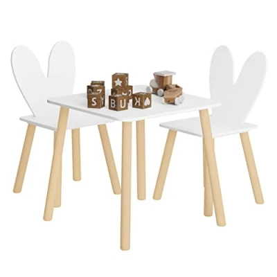Afbeelding van WOLTU kindertafel met 2 stoelen, kinderzitgroep, massief houten poten, konijnenoren rugleuning, kindermeubels voor kinderkamers, kleuterscholen, wit