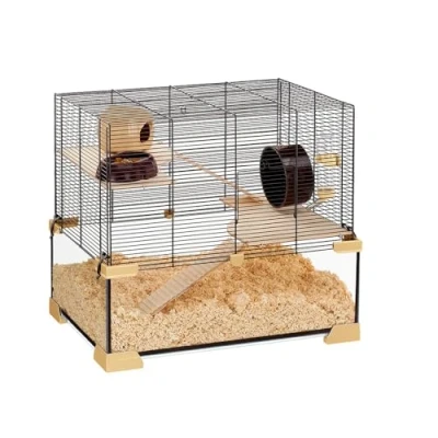 Afbeelding van Ferplast 57056117W1 Kooi voor hamsters, muizen KARAT 60 Structuur op twee verdiepingen, glas en zwart gelakt metaal, 59,5 x 39 h 52,5 cm, S