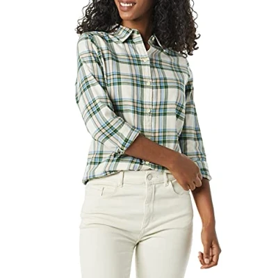 Afbeelding van Amazon Essentials Women&#039;s Lichtgewicht geruite flanellen overhemd met klassieke pasvorm en lange mouwen, Ivoor Groen Geruit, S