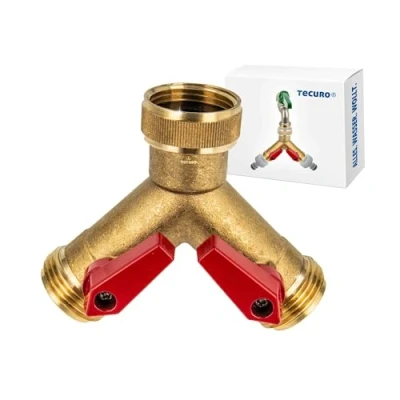 Afbeelding van tecuro 2 weg Y verdelerstuk 1 inch (DN20), afzonderlijk afsluitbaar door kogelventielen, messing blank