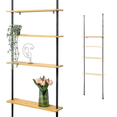 Afbeelding van bremermann Telescopische wandplank met 4 legplanken van bamboe (zwart)