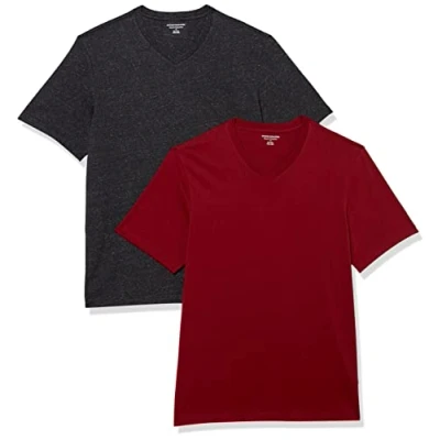 Afbeelding van Amazon Essentials Heren Regular Fit T shirt met korte mouwen en V hals (verkrijgbaar in Big &amp; Tall), 2 stuks, Charcoal Heather/Bordeaux, XS