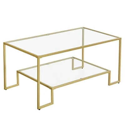Afbeelding van VASAGLE LGT033A01 Salontafel glazen tafel woonkamertafel 2 planken van gehard glas stalen frame 100 x 55 45 cm decoratie voor woonkamer goudkleurig