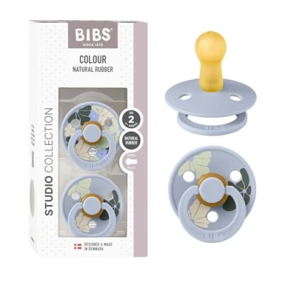 Afbeelding van BIBS Colour Studio Morning Bloom Dusty Blue fopspeen, BPA vrij, kersenvorm tepels, natuurlijk rubber/latex, gemaakt in Denemarken, maat 2 (6 18 maanden), blauw