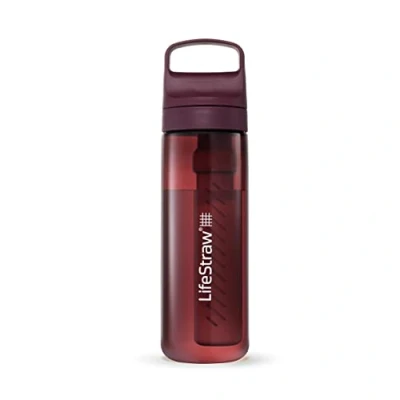 Afbeelding van LifeStraw Go serie BPA vrije waterfilterfles voor reizen en dagelijks gebruik, verwijdert bacteriën, parasieten microplastics, verbetert de smaak, 625 ml Merlot Me Away