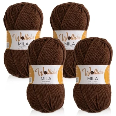 Afbeelding van Wollidu Mila garen voor haken en breien, 4 x 50 g/133 m, breigaren, 100% polyacryl, haakgaren, bruin