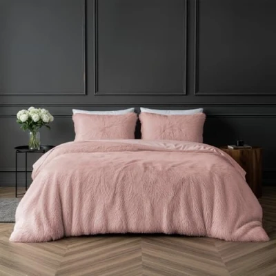 Afbeelding van Sleepdown Fleece luxe langpolige kunstbont blush roze super zacht, onderhoudsvriendelijk dekbedovertrek set met kussenslopen tweepersoons (200 cm x 200 cm)