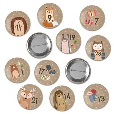 Afbeelding van Papierdrachen 24 adventskalendercijfers, buttons 35 mm, reversspeldjes voor het versieren van adventskalenders, met cijfers 1 24, bosdieren, ideaal stoffen zakjes, zakjes en