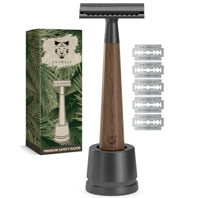 Afbeelding van ANYMALE® Scheermes van walnoothout, set met standaard en 5 ASTRA messen, Zero Waste scheerapparaat voor dames heren