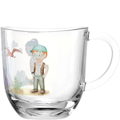 Afbeelding van Leonardo Bambini Avventura Mok met handvat voor kinderen, kinderbeker motief van dikwandig glas, inhoud 280 ml, vaatwasmachinebestendig, magnetronbestendig, robuust, dino