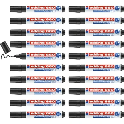 Afbeelding van edding 660 whiteboard markers, zwart, 20 markeerstiften, ronde punt 1,5 3 mm, afwisbare viltstift, voor whiteboards, memo&#039;s en conferentieschilders, navulbaar