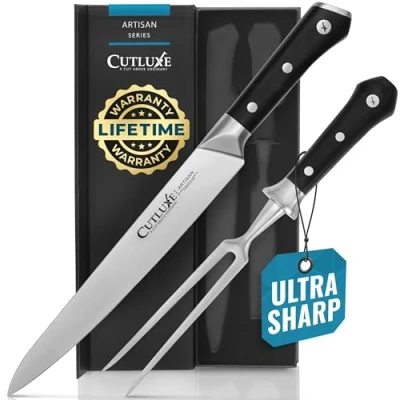 Afbeelding van Cutluxe Turkey Artisan Series Carving mes Set met en vork voor vlees, brisket BBQ, Razor Sharp Premium Duits staal, volledige tangen, ergonomische handgreep