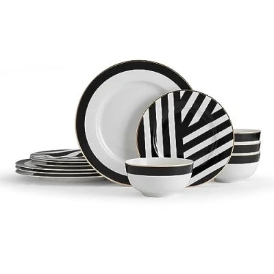 Afbeelding van Mikasa Luxe Deco 12 delige China dinerset, dinerservies voor 4 personen met geometrische print 4x dinerborden, zijplaten en kommen vaatwasmachinebestendig