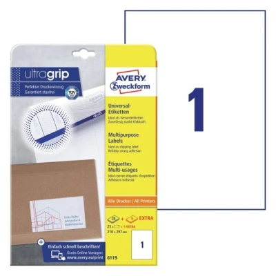 Afbeelding van Etiket Avery Zweckform 6119 210x297mm A4 wit 25stuks