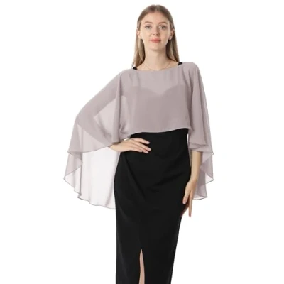 Afbeelding van Hotshawl Capelets voor vrouwen, chiffon cape, sjaals en wraps avondjurk, bruiloft, cover up, Grijs, Eén Maat