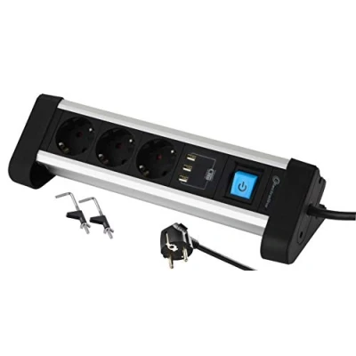 Afbeelding van Electraline 62559 Stekkerdoos voor Werktafel, met 3 Geaarde Stopcontacten + USB Poorten 3,4 A, 2 M, Bevestiging Houders, Metallic