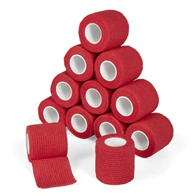 Afbeelding van Adhesive Bandage, zelfklevend, 5 cm x 4,5 m, 12 rollen fixeerband, cohersieve bandage voor eerste hulp, dierenarts, wikkelband, sport, elastische band polsen en voeten, rood