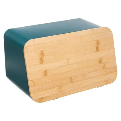 Afbeelding van Broodtrommel met snijplank deksel Petrol blauw Metaal/bamboe 37 x 22 23 cm Broodtrommels