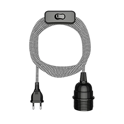 Afbeelding van ledscom.de Textielkabel LEKA, stekker, schakelaar, zwart, wit, gekarteld, 3m, fitting, 1x E27 max. 60W, Led, Diy, wandlamp, E27, textielkabel, hanglamp, netstekker