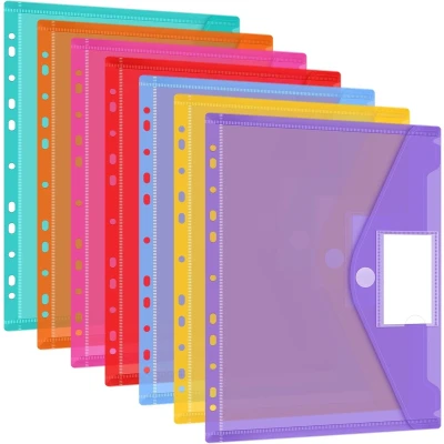Afbeelding van Documentenmap, A4, 28 stuks, 7 kleuren, documentenmap met 11 geperforeerde rand en etiketvak, transparant documentenvak, verzamelmap voor het organiseren van documenten