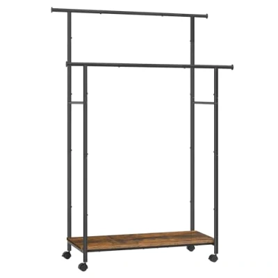 Afbeelding van SONGMICS Kledingrek met wielen, kapstok plank, dubbele hanger, breedte 98,5 cm, totale capaciteit 100 kg, stalen frame, rustiek bruin en inktzwart HSR152B01