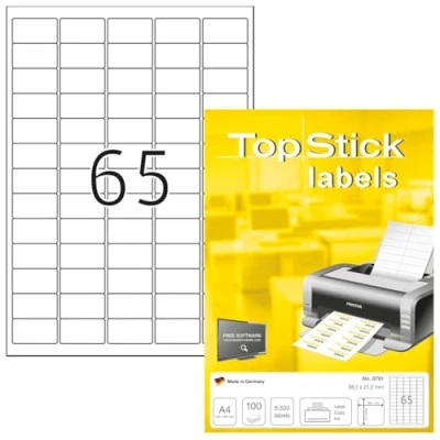 Afbeelding van TopStick 8781 adresstickers A4 (38,1 x 21,2 mm, 100 velle, papier, mat) zelfklevend, bedrukbaar, permanente klevende universele etiketten, 6.500 etiketten voor printer, wit