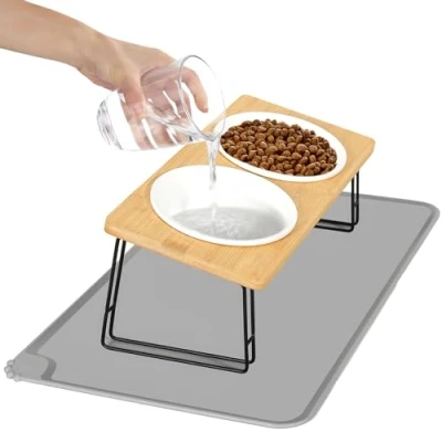 Afbeelding van Otauoaea Verhoogde kattenkom, dubbele kom voor katten en honden, van keramiek, 15 graden gekanteld, set 2 kattenkommen voer water, met antislipmat, kattenbak kleine