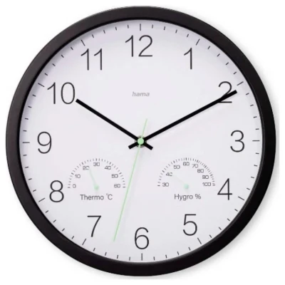 Afbeelding van Hama Wandklok Santorini Tikt Niet + Thermo Hygrometer 30 cm Zwart/Wit